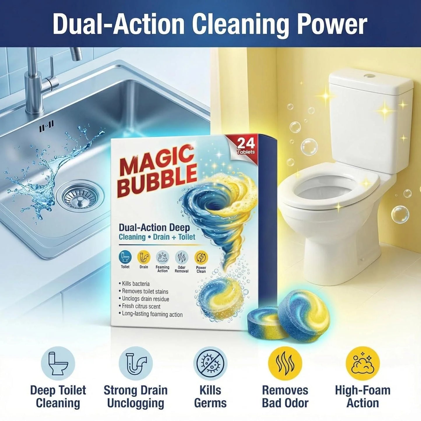 Magic Bubble™ – 5-in-1 Toilet & Drain Cleaning Tablets (24 Tablets)